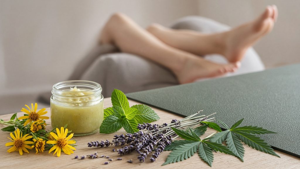 Jar of plant-based balm with arnica flowers, mint leaves, lavender and hemp leaves beside a yoga mat