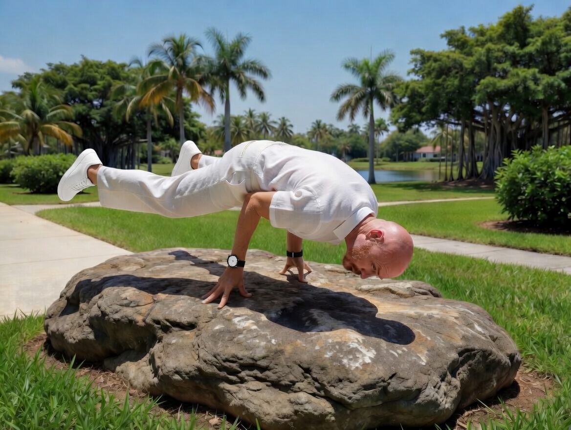 Dr. Marc Sattva Noblitt, PhD in crow pose on a rock