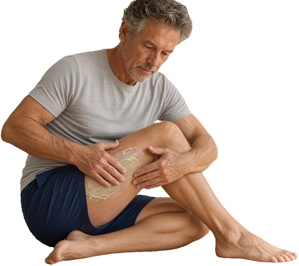 Man applying a topical cream to his thigh while seated on the floor